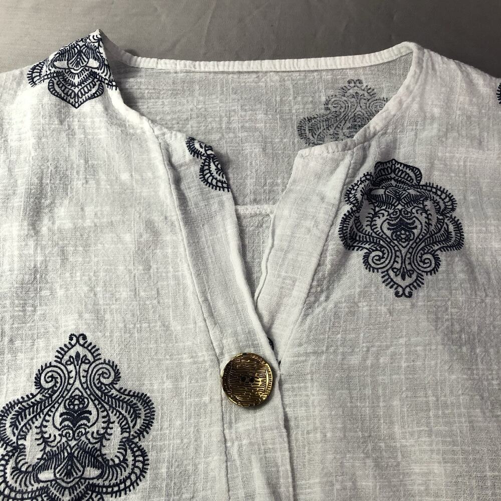 Lagenlook Tunic Top 100% Cotton Sz L Made in Italy White Artsy Peasant Vacation - Picture 2 of 8